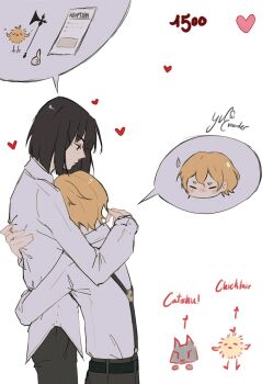 1boy 1girl animalization arrow_(symbol) artist_name baby_animal belt bird black_belt black_cat black_hair black_pants blonde_hair blunt_ends blush cat chick closed_eyes commentary disembodied_hand disembodied_head dress_shirt ear_blush english_commentary facing_another from_side hair_between_eyes halberd hand_on_another's_back head_down heart height_difference highres hug light_blush limbus_company long_sleeves looking_at_another no_mouth pants paper polearm profile project_moon red_eyes ryoshu_(project_moon) shirt short_eyebrows short_hair signature sinclair_(project_moon) spoken_character spoken_object suspender_pants suspenders sweatdrop thumbs_up weapon white_background white_sleeves yuevander