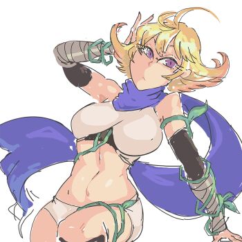 arm_behind_head arm_wrap blonde_hair crop_top davewaterfalls kid_icarus kid_icarus_uprising midriff navel nintendo phosphora purple_eyes scarf short_hair simple_background