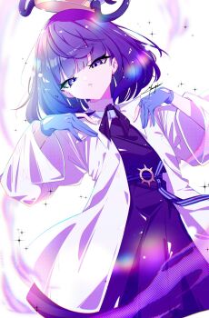 1girl belt black_dress black_hair blue_gloves blunt_bangs bob_cut breasts coat dress gloves gradient_hair gwynn_(pokemon) hat highres long_sleeves looking_at_viewer marie_(pixiv59672544) multicolored_hair nintendo o-ring o-ring_belt open_clothes open_coat parted_lips partially_fingerless_gloves pokemon pokemon_legends:_z-a purple_eyes purple_hair short_hair solo white_coat