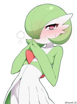 1girl absurdres blush closed_mouth commentary_request gardevoir gen_3_pokemon green_hair hair_over_one_eye heart heart-shaped_pupils highres looking_at_viewer nintendo pink_eyes pokemon pokemon_(creature) roswell_ss short_hair simple_background smile solo symbol-shaped_pupils twitter_username white_background