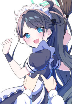 1boy 1girl :d absurdly_long_hair apron aris_(blue_archive) aris_(maid)_(blue_archive) black_hair blue_archive blue_eyes carrying carrying_overhead carrying_person commentary_request duster feather_duster forehead frilled_apron frills from_behind halo head_tilt highres holding holding_duster long_hair looking_at_viewer looking_back maid maid_apron maid_headdress official_alternate_costume official_alternate_hairstyle open_mouth out_of_frame parted_bangs pov pov_hands punapuraaa sensei_(blue_archive) short_sleeves side_ponytail simple_background smile very_long_hair white_apron white_background wristband