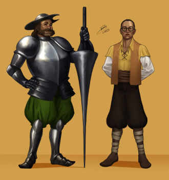 2boys alternate_costume armor arms_behind_back baggy_pants bandaged_leg bandages black_hair blouse breastplate brown_hair collared_shirt commentary cosplay disco_elysium don_quixote_(novel) english_commentary facial_hair full_body glasses hand_on_own_hip harry_du_bois hat holding holding_polearm holding_weapon kim_kitsuragi long_sleeves looking_at_viewer male_focus multiple_boys mutton_chops nurve26 pants planted planted_polearm polearm shirt shoulder_armor smirk standing stole undershirt weapon yellow_shirt