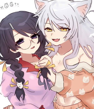 2girls absurdres animal_ears bakemonogatari black_hair black_hanekawa braid breasts cat_ears cat_girl cleavage commentary dual_persona fang glasses grabbing_another's_hair hanekawa_tsubasa highres holding_another's_hair large_breasts long_hair monogatari_(series) multiple_girls naoetsu_high_school_uniform pajamas purple_eyes school_uniform skin_fang symbol-only_commentary tsugumi_(tgm_615486) twin_braids white_hair yellow_eyes