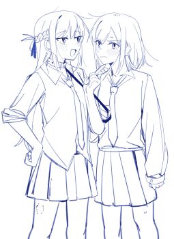 2girls bite_mark_on_leg blush braid chinese_commentary collar commentary_request haidao_mao half_up_braid hand_on_own_hip highres holding holding_leash leash long_hair long_sleeves miyagi_shiori multiple_girls necktie pleated_skirt sendai_hazuki short_hair shuuniichido_classmate_wo_kau_hanashi sidelocks simple_background skirt sweatdrop three-quarter_sleeves white_background