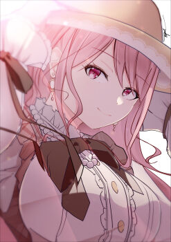 1girl absurdres bang_dream! black_bow black_bowtie bow bowtie breasts brown_hat center_frills closed_mouth commentary earrings english_commentary frills hat highres jewelry large_breasts long_hair looking_at_viewer maruyama_aya pink_eyes pink_hair ryo_yanakasa shirt sidelocks solo white_shirt