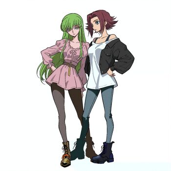 2girls black_footwear black_jacket black_pantyhose blue_eyes blue_pants boots breasts c.c. code_geass collarbone commentary denim dress english_commentary green_hair hair_behind_ear highres jacket jeans kirajoesta720 kouzuki_kallen long_hair looking_ahead looking_to_the_side medium_breasts multiple_girls off_shoulder orange_eyes pants pantyhose pink_dress red_hair shirt short_hair smile smirk very_long_hair white_background white_shirt