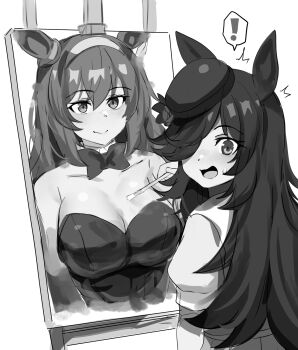 ! 1girl animal_ears bare_shoulders bow bowtie breasts canvas_(object) cleavage collarbone commentary detached_collar easel flipped_hair flower greyscale hair_over_one_eye hairband hat hat_flower highres hinghoi holding holding_paintbrush horse_ears horse_girl large_breasts leotard long_hair looking_at_viewer looking_back mihono_bourbon_(umamusume) monochrome open_mouth paintbrush painting_(action) painting_(object) rice_shower_(umamusume) rose shirt short_sleeves smile solo strapless strapless_leotard sweatdrop symbol-only_commentary tilted_headwear umamusume
