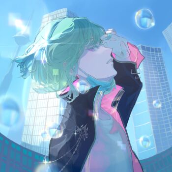 1boy absurdres black_jacket bob_cut bubble building chinese_commentary crew_neck day facing_up fisheye from_side green_hair hand_up highres jacket jitome lio_fotia long_sleeves looking_at_viewer male_focus mask mask_pull mouth_mask open_clothes open_jacket pink_jacket profile promare purple_eyes shading_eyes shirt short_hair sidelocks sideways_glance skyscraper solo sparkle surgical_mask tower two-sided_fabric two-sided_jacket white_shirt zongsi600