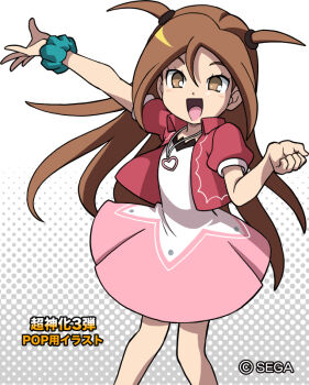 1girl aqua_scrunchie blush_stickers brown_eyes brown_hair copyright_notice dress hair_between_eyes jacket jewelry kagami_tina long_hair looking_at_viewer mushiking necklace official_art open_clothes open_jacket open_mouth pendant pink_jacket scrunchie shin_kouchuu_ouja_mushiking shirataki solo translation_request two_side_up wrist_scrunchie