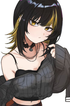 1girl :/ absurdres armpit_crease black_hair blonde_streaks chain chain_necklace commentary crop_top ear_piercing flipped_hair highres idolmaster idolmaster_shiny_colors ikaruga_luca jacket jewelry looking_at_viewer medium_hair midriff navel necklace off-shoulder_jacket off_shoulder piercing ryo---ta simple_background solo striped_clothes striped_jacket vertical-striped_clothes vertical-striped_jacket white_background
