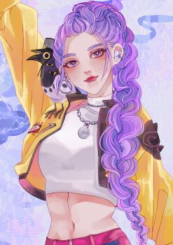 1girl animal animal_on_shoulder bird bird_on_shoulder braid braided_ponytail commentary crop_top eyeshadow gat_(hat) hat highres jacket jewelry kpop_demon_hunters looking_at_viewer makeup midriff navel necklace neru_scarlet purple_eyes purple_hair rumi_(kpop_demon_hunters) smile sussie_(kpop_demon_hunters) turtleneck upper_body yellow_jacket