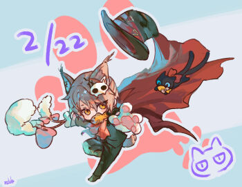 Rule 34 | 1boy, animal, animal ear fluff, animal ears, animal hands, arknights, ascot, black cat, black hat, black jacket, black pants, blue eyes, bow, brown hair, cape, cat, chibi, dated, gloves, hair over one eye, hat, highres, jacket, long sleeves, miss christine (arknights), mouth hold, myluche, nekomata, orange hair, pants, paw gloves, phantom (arknights), red ascot, red bow, red cape, tail, tragodia (arknights), unworn hat, unworn headwear, white gloves