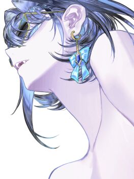 1girl absurdres blue_eyes blue_hair bow bow_earrings colored_inner_hair commentary earrings fang fanged_bangs from_below gradient_hair hair_intakes highres hololive hololive_english jewelry multicolored_hair nude open_mouth ouro_kronii pungson_mori rectangular_eyewear ringed_eyes short_hair simple_background single_earring solo sunglasses virtual_youtuber white_background yellow-framed_eyewear