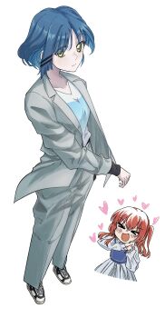 absurdres blue_hair blush bocchi_the_rock! breasts closed_eyes dress formal_clothes hair_ornament hair_ribbon heart highres kita_ikuyo long_sleeves looking_at_another looking_at_viewer own_hands_clasped own_hands_together red_hair ribbon shirt shoes small_breasts smile sneakers suit urouchi white_background white_dress white_shirt white_suit white_undershirt yamada_ryo yellow_eyes