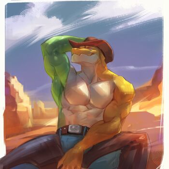 1boy abs bara biceps chaps closed_mouth commentary cowboy_hat crocodile_boy english_commentary furry furry_male gummigoo hand_on_headwear hat highres hyenabeer looking_at_viewer male_focus muscular muscular_male pectorals sitting smile the_amazing_digital_circus topless_male