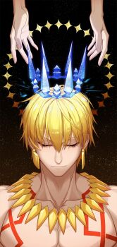 1boy bare_shoulders blonde_hair body_markings closed_eyes closed_mouth collarbone cross_akiha crown earrings expressionless eyelashes fate/grand_order fate_(series) gilgamesh_(fate) grand_servant_(fate/grand_order) halo halo_behind_head highres jewelry male_focus necklace out_of_frame pectorals short_hair solo space topless_male v-shaped_eyebrows