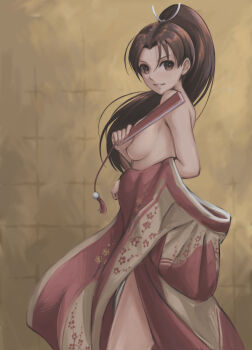 Rule 34 | 1girl, absurdres, breasts, brown eyes, brown hair, commentary request, fatal fury, from side, hand fan, high ponytail, highres, japanese clothes, kimono, kimono pull, large breasts, long hair, looking at viewer, parted lips, ponytail, red kimono, shiranui mai, smile, solo, tyanoki