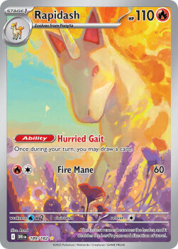 animal_focus artist_name card_(medium) character_name company_name copyright_name copyright_notice embers english_text fire flower gen_1_pokemon horns nintendo no_humans official_art pokemon pokemon_(creature) pokemon_card pokemon_focus pokemon_tcg ponyta rapidash rond single_horn solo third-party_source trading_card