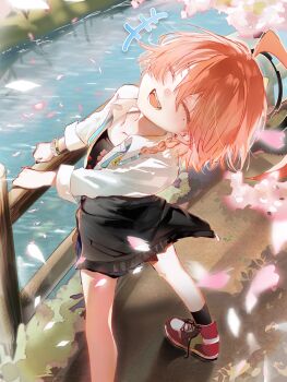 1girl :d ^_^ absurdres ahoge anhyo black_halo black_nails black_skirt black_socks blue_archive blush braid cherry_blossoms chinese_commentary closed_eyes collarbone collared_shirt commentary_request earrings floral_print_shirt full_body hair_between_eyes halo highres jewelry looking_at_viewer mole mole_under_eye neru_(blue_archive) neru_(school_uniform)_(blue_archive) open_mouth orange_hair outdoors red_shoes river shirt shoes short_hair single_braid single_earring skirt smile socks solo standing stud_earrings unbuttoned unbuttoned_shirt white_shirt wrist_chain