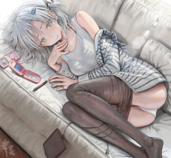 1girl :&gt; absurdres bare_shoulders black_bra black_pantyhose bra cellphone clothes_pull commentary_request couch flip_phone green_eyes hair_ornament hair_ribbon hairclip highres jacket jewelry jiawenqing long_sleeves looking_at_viewer lying mp3_player on_couch on_side one_side_up open_clothes open_jacket original panties pantyhose pantyhose_pull phone ribbon ring short_hair tank_top underwear white_hair white_panties white_tank_top