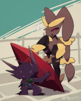 +++ 1girl 1other a-nya arm_up artist_name black_pantyhose black_sclera blue_gemstone blush body_fur brown_fur colored_sclera colored_skin crotchless crotchless_pantyhose demon facing_away fence full_body furry furry_female gem gen_3_pokemon gen_4_pokemon green_gemstone half-closed_eyes hand_on_own_hip hand_to_own_mouth hand_up happy height_difference highres holding holding_gem leg_up long_animal_ears looking_at_another looking_down lopunny mega_lopunny mega_pokemon mega_sableye nervous_sweating nintendo open_mouth pantyhose path pokemon pokemon_(creature) purple_skin rabbit_ears rabbit_girl red_eyes red_gemstone road sableye sideways_mouth signature smile standing sweat torn_clothes torn_pantyhose twitter_username two-tone_fur yellow_fur yellow_gemstone