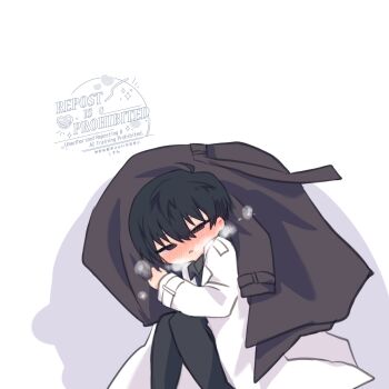 1boy ahoge black_coat black_eyes black_hair black_shirt blush breath chibi chibi_only coat collared_shirt curled_up hair_between_eyes highres kim_dokja kimidori_22 male_focus omniscient_reader&#039;s_viewpoint open_clothes open_coat shirt short_hair solo trembling white_coat