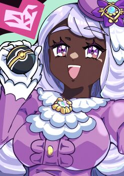 1girl :d absurdres breasts commentary_request dark-skinned_female dark_skin eyelashes frills gloves hair_ornament hat heart highres holding holding_poke_ball jacinthe_(pokemon) long_hair long_sleeves luxury_ball mega_stone nintendo open_mouth poke_ball pokemon pokemon_legends:_z-a purple_eyes purple_hair purple_hat smile solo teeth upper_teeth_only very_dark_skin white_gloves zmts12gshokew