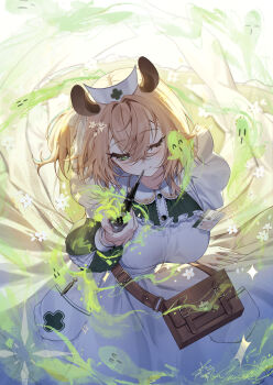 1girl absurdres animal_ears bag breasts brown_hair dress flower green_dress green_eyes hat highres holding holding_smoking_pipe indie_virtual_youtuber kurisu_illusia_(kurisuillu) large_breasts naplings_(nimi_nightmare) nimi_nightmare nimi_nightmare_(1st_costume) nurse nurse_cap object_in_pocket one_eye_closed one_side_up pen_in_pocket pocket satchel signature smile smoking_pipe virtual_youtuber white_flower