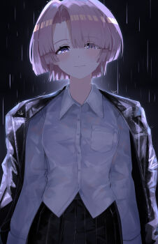 1girl absurdres arimura_mao asymmetrical_bangs beans18mame black_jacket black_skirt blunt_bangs blush commentary_request gakuen_idolmaster highres idolmaster jacket jacket_on_shoulders looking_at_viewer pink_hair pleated_skirt purple_eyes rain shirt short_hair skirt solo water_drop wet wet_clothes white_shirt
