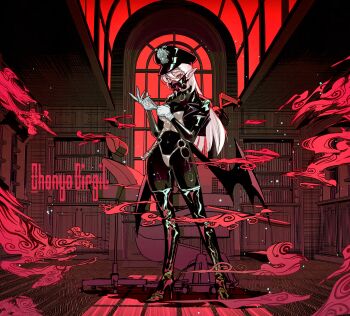 1girl absurdres bat_wings black_bodysuit black_jacket bodysuit bodysuit_under_clothes bondage_outfit bookshelf boots bustier collar commentary_request commission covered_navel cropped_jacket dental_chair full_body glove_pull gloves hat high_heel_boots high_heels highres jacket keyring latex latex_bodysuit latex_gloves long_hair looking_at_viewer low_wings mask military_hat mouth_mask original peaked_cap pixiv_commission pointy_ears red_eyes respirator ryuu_tou shiny_clothes solo standing thigh_boots vampire white_bustier white_gloves white_hair window wings