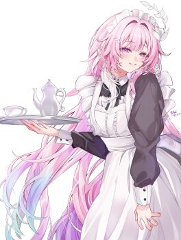 1girl absurdres alternate_costume apron aqua_hair black_dress commentary_request cup cyrene_(honkai:_star_rail) cyrene_(ripples_of_past_reverie)_(honkai:_star_rail) diamond-shaped_pupils diamond_(shape) dress enmaided highres holding honkai:_star_rail honkai_(series) long_hair looking_at_viewer maid maid_apron maid_headdress millchi multicolored_hair pink_hair purple_eyes simple_background smile solo symbol-shaped_pupils teacup teapot very_long_hair white_apron white_background white_hair