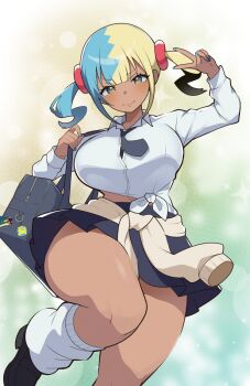1girl alternate_costume aqua_hair arm_up bag black_shoes blonde_hair blue_nails blue_skirt breasts canari_(pokemon) commentary_request curvy dark-skinned_female dark_skin feet_out_of_frame gyaru hair_ornament large_breasts leg_warmers long_sleeves looking_at_viewer midriff_peek mituyota_76 multicolored_hair nintendo pokemon pokemon_legends:_z-a school_bag school_uniform shirt shoes short_twintails skirt smile solo split-color_hair thick_thighs thighs tied_shirt twintails two-tone_hair v white_leg_warmers white_shirt