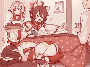 >_< 1boy 3girls :d ahoge animal_ears apron blue_archive blush bowl breasts calendar_(object) card card_game choker closed_eyes detached_sleeves faceless faceless_male facing_another fang hair_bun head_out_of_frame holding holding_card holding_tray huge_breasts indoors kaede_(blue_archive) kappougi kotatsu long_hair lowres lying maibotsumou mimori_(blue_archive) monochrome multiple_girls new_year's_eve oekaki on_back on_floor open_mouth outstretched_arm playing_games red_theme sailor_collar sensei_(blue_archive) shirt short_hair side_up_bun sideboob single_side_bun skin_fang sleeping sleeveless sleeveless_shirt small_sweatdrop smile stuffed_animal stuffed_cat stuffed_toy table tegaki_draw_and_tweet tray tsubaki_(blue_archive) under_kotatsu under_table wavecat_(blue_archive) wide_sleeves xd zzz