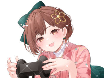 Rule 34 | 1girl, :d, binaural microphone, bow, chitetan, commentary request, copyright request, dotted line, earrings, green bow, green hakama, hair bow, hakama, hakama skirt, hands up, heart, japanese clothes, jewelry, kimono, looking at viewer, microphone, open mouth, pink kimono, pink nails, simple background, skirt, smile, solo, striped clothes, striped kimono, upper body, vertical-striped clothes, vertical-striped kimono, virtual youtuber, watermark, white background