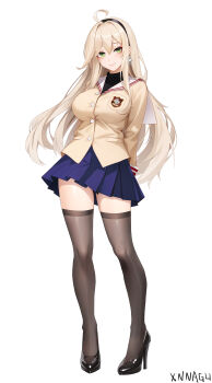 Rule 34 | 1girl, arms behind back, black hairband, black shoes, black thighhighs, blazer, blonde hair, blue skirt, breasts, chinese commentary, clannad, commentary request, cosplay, earrings, emblem, green eyes, hairband, high heels, highres, hikarizaka private high school uniform, jacket, jewelry, large breasts, long hair, long sleeves, looking at viewer, miniskirt, missouri (warship girls r), patent heels, pleated skirt, pumps, sakagami tomoyo, sakagami tomoyo (cosplay), school uniform, shoes, skirt, smile, solo, star (symbol), star earrings, thighhighs, very long hair, warship girls r, xnnagu, zettai ryouiki