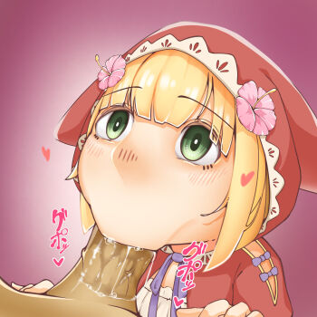 1boy 1girl :>= artist_request bad_id bad_pixiv_id blonde_hair green_eyes grimms_notes hetero highres pov purple_ribbon red_hood red_riding_hood_(anime)_(grimms_notes) red_riding_hood_(grimms_notes) ribbon short_hair upper_body