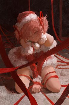 absurdres between_legs daodtt dress hand_between_legs hashtag-only_commentary hat highres kaname_madoka leaning_forward mahou_shoujo_madoka_magica multiple_hair_ribbons on_floor pink_eyes pink_hair red_ribbon ribbon santa_costume santa_dress santa_hat seiza short_hair sitting twintails