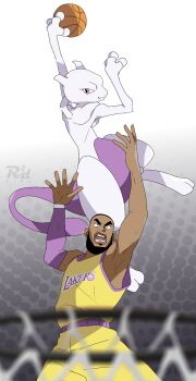 1boy arms_up ball basketball basketball_(object) basketball_hoop basketball_jersey basketball_uniform beard black_hair blurry crossover dark-skinned_male dark_skin depth_of_field facial_hair gen_1_pokemon highres holding holding_ball jumping lebron_james legendary_pokemon los_angeles_lakers male_focus mewtwo national_basketball_association nintendo playing_sports pokemon pokemon_(creature) r3dfive short_hair slam_dunk_(basketball) sportswear v-shaped_eyebrows