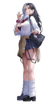 1girl absurdres akiaki_aki alternate_costume breasts cardigan cardigan_around_waist clothes_around_waist dorothy_(nikke) full_body goddess_of_victory:_nikke gyaru highres large_breasts loose_socks rosanna_(nikke) simple_background socks solo thighs white_background