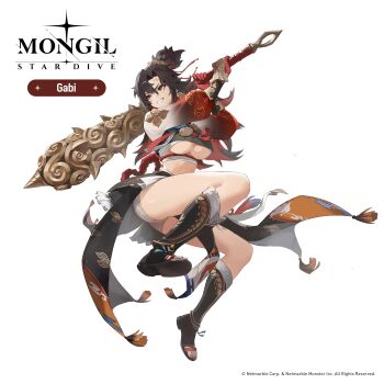 1girl absurdres black_boots black_hair black_shirt boots breasts character_name club club_(weapon) colored_extremities copyright_name copyright_notice cropped_shirt eyeshadow full_body gabi_(mongil:_star_dive) grin highres holding holding_club holding_weapon jumping large_breasts logo long_hair long_sleeves looking_to_the_side makeup mark_under_eye mongil:_star_dive official_art open-toe_boots over_shoulder panties pelvic_curtain puffy_long_sleeves puffy_sleeves red_eyeshadow red_hands scar scar_on_face scar_on_forehead shirt smile solo spiked_club transparent_background underboob underwear weapon weapon_over_shoulder white_panties