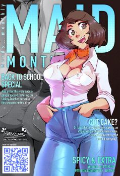 1girl absurdres artist_name breasts brown_eyes brown_hair cleavage commentary cover cover_page denim english_commentary english_text fake_cover fake_magazine_cover hands_in_pockets haysey highres jeans kawakami_sadayo large_breasts magazine_cover mature_female open_mouth pants persona persona_5 qr_code scarf shirt short_hair smile solo white_shirt