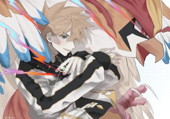 1boy beak bird black_jacket black_shirt blue_oak brown_eyes brown_hair claws fur_trim gary_oak gen_1_pokemon green_(pokemon) highres jacket jewelry long_sleeves male_focus mega_pidgeot mega_pokemon milky_oak necklace nintendo official_alternate_costume open_clothes open_jacket open_mouth pidgeot pokemon pokemon_(creature) pokemon_masters_ex red_eyes shirt smile spiked_hair talons white_jacket wings