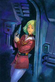 Rule 34 | 1980s (style), 1990s (style), 1girl, 2003, belt, blonde hair, commentary request, dated, earth federation, gun, gundam, hallway, handgun, highres, looking at viewer, magazine scan, military rank insignia, military uniform, mobile suit gundam, mobile suit gundam the origin, official art, oldschool, painting (medium), pants, promotional art, retro artstyle, sayla mass, scan, scene reference, science fiction, sign, signature, spacecraft interior, traditional media, warning sign, weapon, white base, white pants, yasuhiko yoshikazu