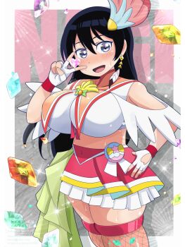 1girl :d arato_nagi artist_name bare_shoulders black_hair blue_eyes blue_gem blush border breasts brooch character_name clothing_cutout commentary commentary_typo cosplay cowboy_shot crop_top cure_flamingo cure_flamingo_(cosplay) curvy earrings english_text feather_earrings feathers fingerless_gloves fishnet_thighhighs fishnets gem glove_cutout gloves green_gem grey_background hair_between_eyes hand_on_own_hip hand_up heart heart_cutout highres jewelry large_breasts layered_skirt legs_together long_hair looking_at_viewer magical_girl midriff miniskirt open_mouth orange_sailor_collar outside_border pact_holder pleated_skirt pouch precure pururun_z ruri_no_houseki sailor_collar seto_asami shell_brooch skindentation skirt sleeveless smile solo sparkle standing straight_hair sweat thick_thighs thighhighs thighs tropical-rouge!_precure tropical_pact v voice_actor_connection watermark white_border white_gloves