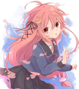 Rule 34 | 10s, 1girl, bad id, bad pixiv id, hair between eyes, hair ornament, hiki-wota, kantai collection, long hair, low-tied long hair, petals, red eyes, red hair, school uniform, uzuki (kancolle)