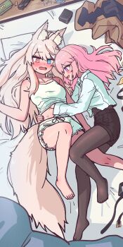 Rule 34 | @ @, absurdres, animal ears, barefoot, belt, black pantyhose, blonde hair, blue camisole, blue eyes, blue shorts, blush, bullet, camisole, clothes lift, coat, commentary, commission, english commentary, fox ears, fox girl, fox tail, gun, hand on another's shoulder, heterochromia, highres, jin (jinkwon1147), long hair, long sleeves, looking at another, lying, on back, open mouth, original, panties, panties under pantyhose, pantyhose, pillow, pink eyes, pink hair, pixiv commission, shirt, shirt lift, shorts, sweatdrop, tail, underwear, unworn belt, unworn coat, weapon, white shirt, yuri