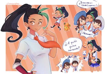 >:) 1boy 2girls black_hair blue_headwear chibi constarlations dark-skinned_female dark_skin florian_(pokemon) food green_hair happy highres hood hoodie ice_cream jacket juliana_(pokemon) letterman_jacket looking_at_another multiple_boys multiple_girls multiple_views nemona_(pokemon) nintendo orange_background pawmi pokemon pokemon_sv school_uniform spanish_commentary spanish_text sparkle speech_bubble translated v-shaped_eyebrows