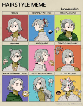 >_< 1boy alternate_hair_length alternate_hairstyle animal_ears asymmetrical_hair bananacatlah bell black_hair black_skin blonde_hair blunt_ends bob_cut bow braid cat_ears chart chibi chibi_inset cithis cloak colored_skin commentary dark-skinned_female dark-skinned_male dark_skin double_bun dungeon_meshi elf english_commentary english_text fake_animal_ears flamela fleki french_braid green_cloak grey_hair grey_shirt hair_behind_ear hair_between_eyes hair_bow hair_brush hair_bun hair_ornament hair_over_one_eye hairclip highres holding holding_hair_brush hood hood_down hooded_cloak jingle_bell kabru laughing looking_at_viewer low-tied_sidelocks low_twintails lycion milsiril mithrun notched_ear one_side_up open_mouth otta_(dungeon_meshi) outside_border pattadol pointy_ears ponytail profile red_bow shirt short_hair sidecut sidelocks sideways_glance sigh sticker sticker_on_face tears twintails twitter_username undercut uneven_eyes uniform