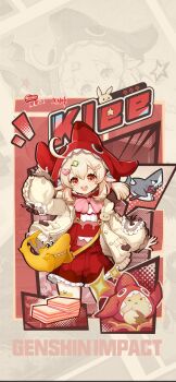 1girl absurdres blonde_hair brown_jacket chinese_commentary commentary_request dodoco_(genshin_impact) food genshin_impact hair_ornament hairclip heart heart_hair_ornament highres hood hood_up jacket klee_(genshin_impact) klee_(nestle)_(genshin_impact) long_hair long_sleeves official_art open_mouth overalls pointy_ears red_eyes red_hood red_overalls shark solo wafer_stick