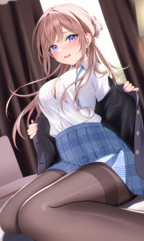 1girl black_jacket black_pantyhose blazer blue_eyes blue_skirt blurry blurry_background blush breasts brown_hair buttons cleavage collared_shirt commentary_request curtains dutch_angle eyelashes fingernails foreshortening gakuen_idolmaster hair_bun highres himesaki_rinami idolmaster indoors jacket kunimine_yuzuki large_breasts looking_at_viewer nail_polish on_bed open_mouth pantyhose pink_nails pleated_skirt removing_jacket school_uniform shirt shirt_tucked_in single_hair_bun sitting skirt solo suit_jacket sweat sweatdrop teeth undressing upper_teeth_only wariza white_shirt